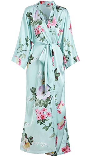 Aensso long soft silk y kimono robes for women, teal floral plum lightweight bridal bridesmaid robe for wedding party - Image 1