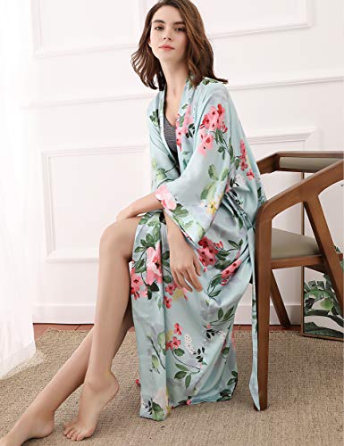 Aensso long soft silk y kimono robes for women, teal floral plum lightweight bridal bridesmaid robe for wedding party - Image 5