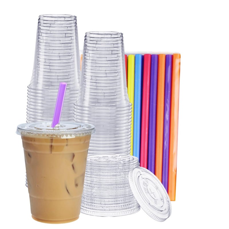 GUSTO 16 oz  100 Count Clear Cups with Flat Lids  Straws  Disposable Clear Drinking Cups for Iced Coffee Cold Drinks Milkshakes and Smoothies  Formerly Comfy Package