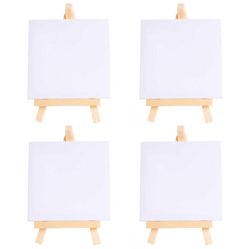 4 Pack Mini Canvas with Wooden Easel, 4x4 Inch White Blank Canvas Panels Small Painting Canvas with Tripod Wooden Display Stand for Acrylic, Oil and Gouache Painting