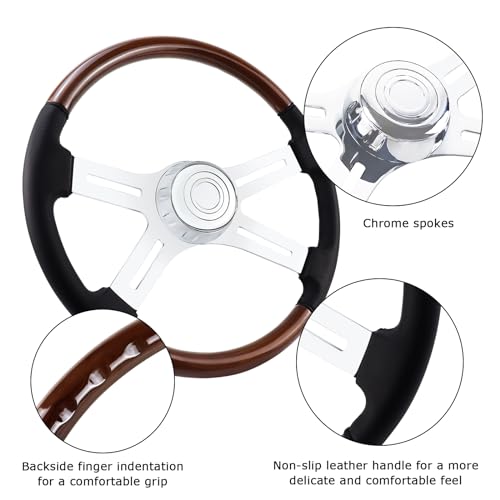 QYMOPAY 18" Truck Steering Wheel 4-Spoke Chrome Plated Aluminum, Black Leather and Wood Wrapped Grip Steering Wheel for Semi-Trailers,Trucks for Kenworth, Peterbilt, Volvo, Freightliner - Image 3