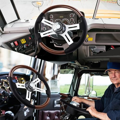 QYMOPAY 18" Truck Steering Wheel 4-Spoke Chrome Plated Aluminum, Black Leather and Wood Wrapped Grip Steering Wheel for Semi-Trailers,Trucks for Kenworth, Peterbilt, Volvo, Freightliner - Image 5