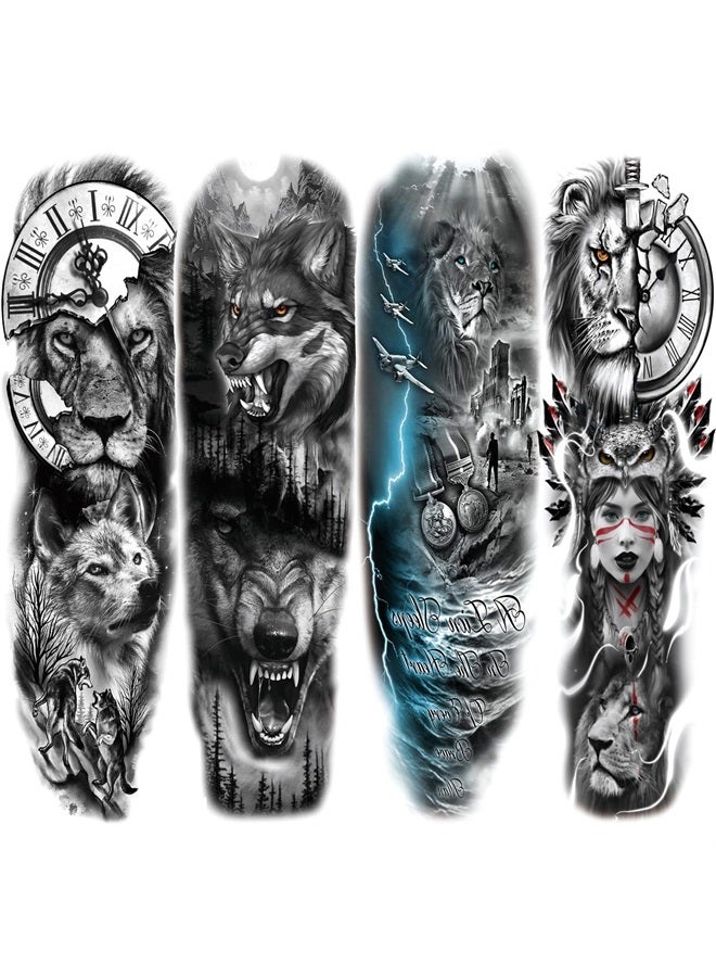 Lion Wolf Temporary Tattoo Sleeve, Large Full Arm Animal Tribal Fake Tattoos Sleeve For Men Women Adult, Long Lasting Black Arm Temp Tatoo Sticker Leg Body Art Makeup, 4-Sheet