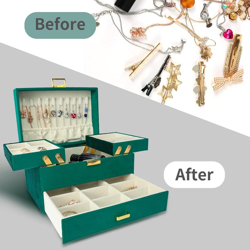 Dajasan Jewelry Box for Women, 3 Layers Large Velvet Jewelry Organizer, Jewelry Storage Organizer, Jewelry Case for Earring, Ring, Necklace, Bracelets (Green) - Image 5