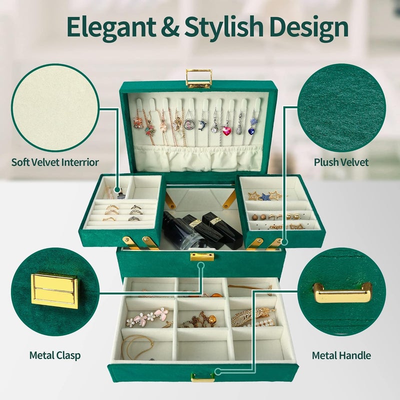 Dajasan Jewelry Box for Women, 3 Layers Large Velvet Jewelry Organizer, Jewelry Storage Organizer, Jewelry Case for Earring, Ring, Necklace, Bracelets (Green) - Image 3