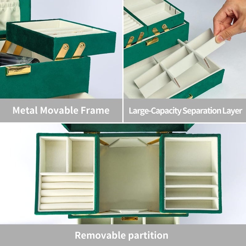 Dajasan Jewelry Box for Women, 3 Layers Large Velvet Jewelry Organizer, Jewelry Storage Organizer, Jewelry Case for Earring, Ring, Necklace, Bracelets (Green) - Image 4