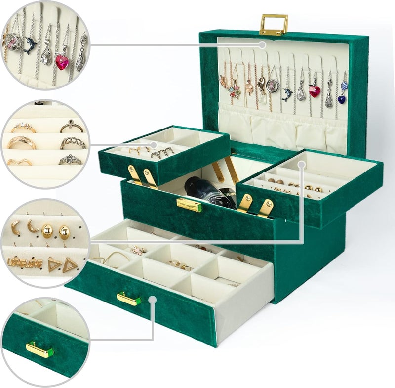 Dajasan Jewelry Box for Women, 3 Layers Large Velvet Jewelry Organizer, Jewelry Storage Organizer, Jewelry Case for Earring, Ring, Necklace, Bracelets (Green) - Image 2