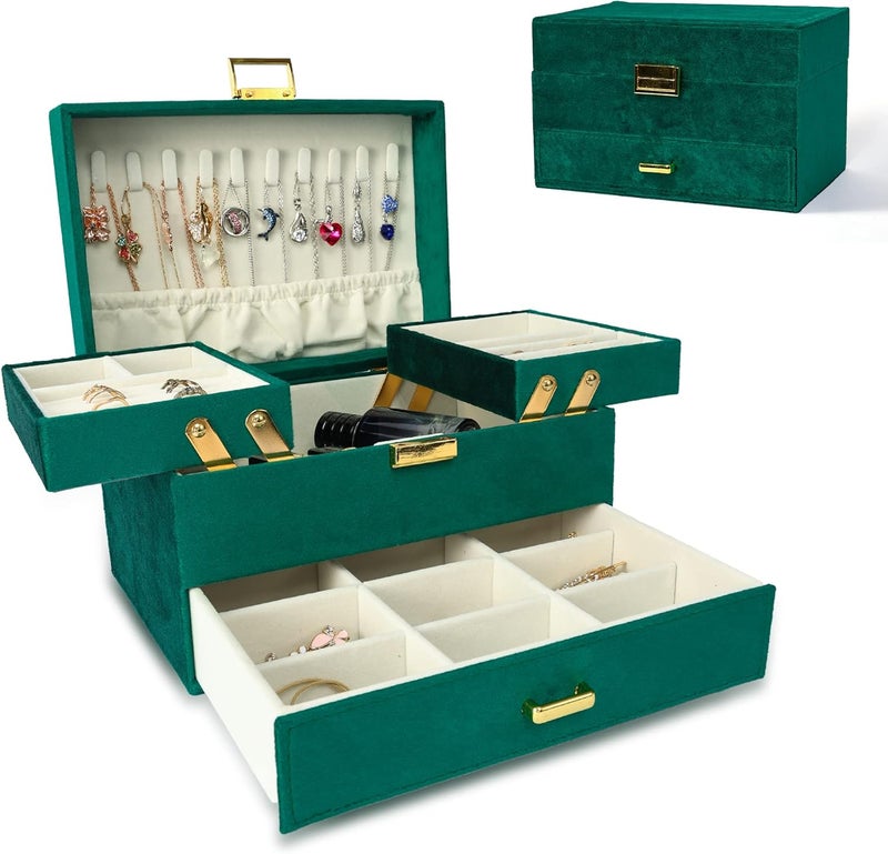 Dajasan Jewelry Box for Women, 3 Layers Large Velvet Jewelry Organizer, Jewelry Storage Organizer, Jewelry Case for Earring, Ring, Necklace, Bracelets (Green) - Image 1