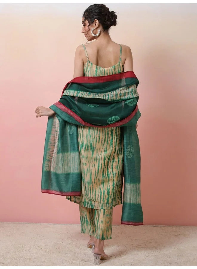 AKS Ombre Printed Straight Chanderi Silk Kurta With Trousers & Dupatta