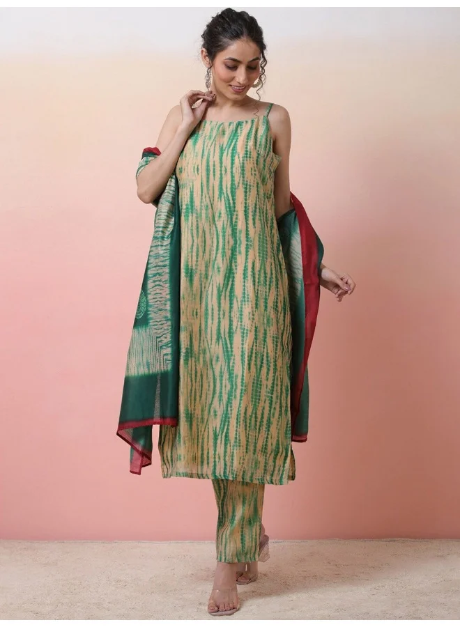 AKS Ombre Printed Straight Chanderi Silk Kurta With Trousers & Dupatta