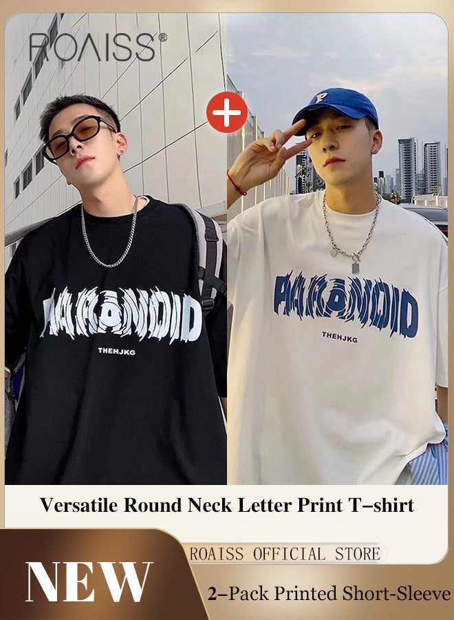 roaiss Men 2-Piece Short Sleeve Set Letter Print Cotton T-shirts Loose Fit with 3D Printed Round Neck Design Trendy and Versatile Fashion - Image 1