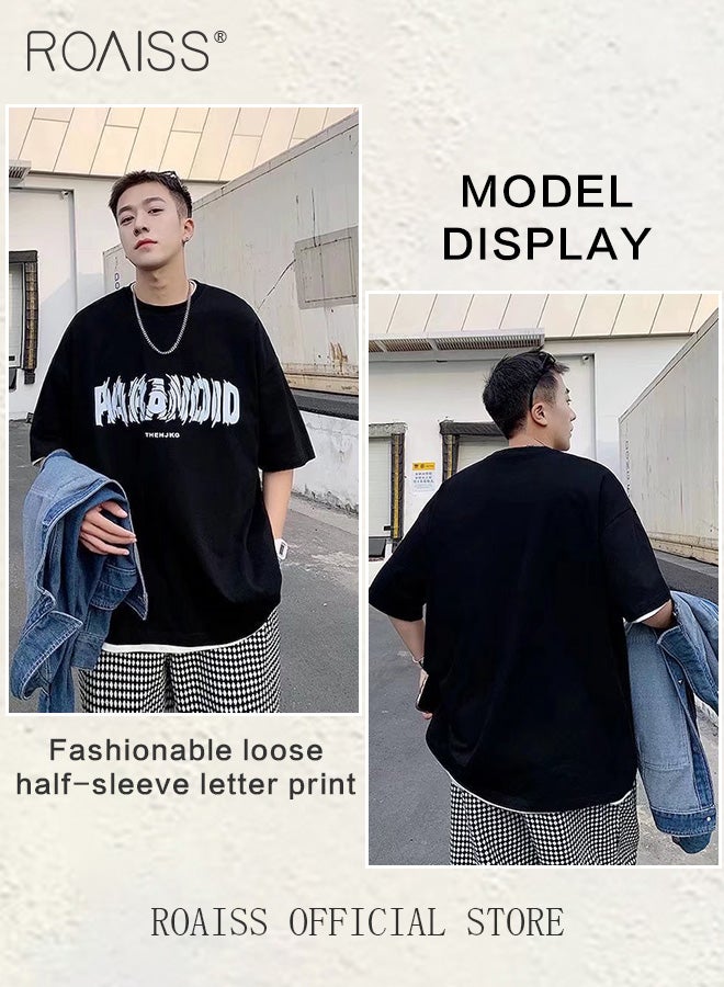 roaiss Men 2-Piece Short Sleeve Set Letter Print Cotton T-shirts Loose Fit with 3D Printed Round Neck Design Trendy and Versatile Fashion - Image 2