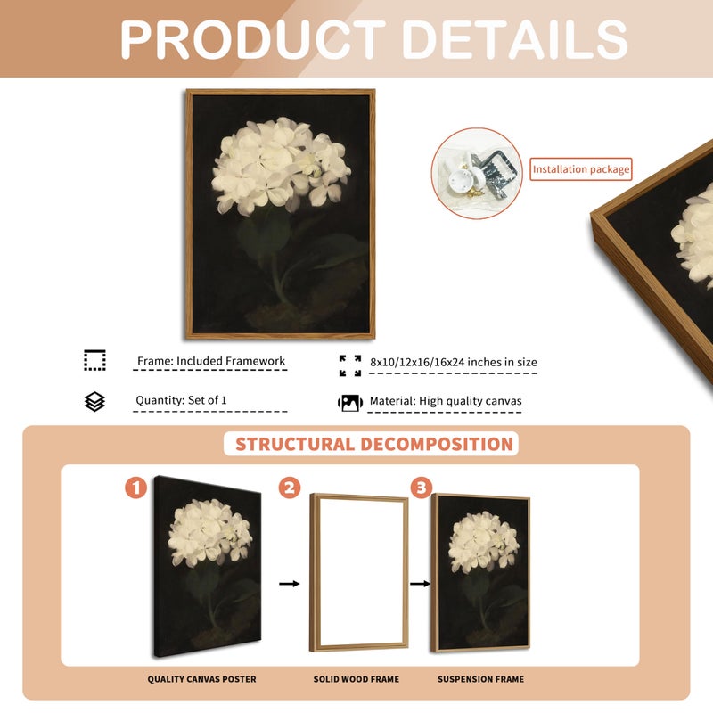 AKWISH Framed Wall Art for Living Room â€“ Vintage White Hydrangea Oil Painting Canvas Prints, Aesthetic Bedroom Wall Art, Kitchen Decor for Shelves, Bathroom Office Artwork Wall Decor â€“ 8x10in - Image 5