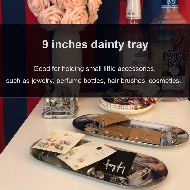 Fermus Stainless Steel Decorative Tray  Set of 2  9 Inch Long  Jewelry Dish Cosmetics Organizer Bathroom Clutter Serving Platter Small Storage Tray  Oval  Silver - Image 5