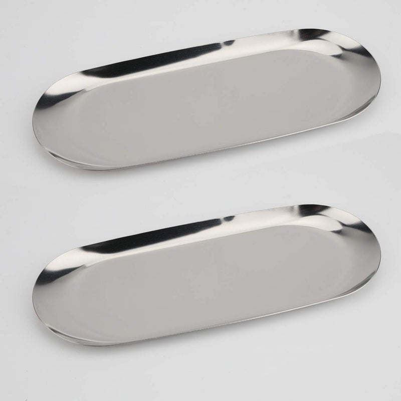 Fermus Stainless Steel Decorative Tray  Set of 2  9 Inch Long  Jewelry Dish Cosmetics Organizer Bathroom Clutter Serving Platter Small Storage Tray  Oval  Silver - Image 1