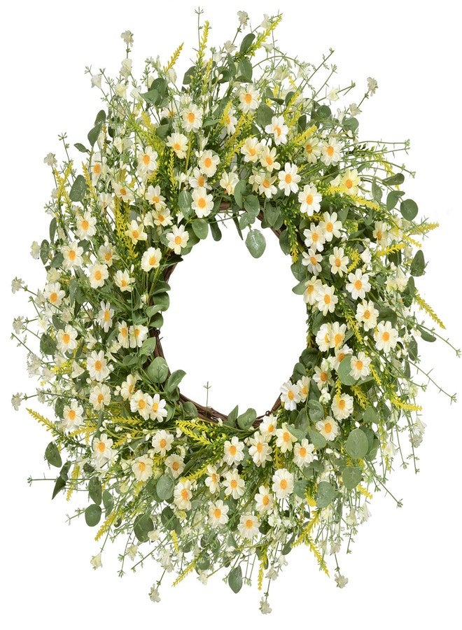 LSKYTOP 24 Inches Artificial Daisy Flower Wreath with Eucalyptus Leave Silk Flower White Berries Spring Summer Wreath for Front Door Wall Decor - Image 1