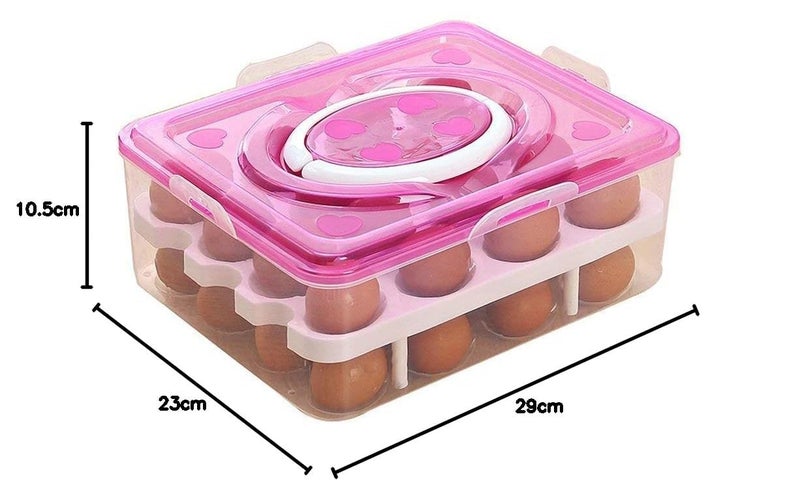 EDBIRET Double Layer Plastic 32Grid Egg Storage Box Refrigerator Kitchen Organizer with Lid Square Shape Pink - Image 2