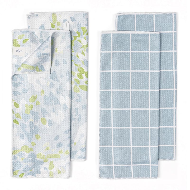 ELYN Microfiber Kitchen Dish Towel Set QuickDry  Absorbent Waffle Weave Cleaning Towels Set of 4 Kitchen Towels Paper Towels Alternative Painterly Floral  Grid