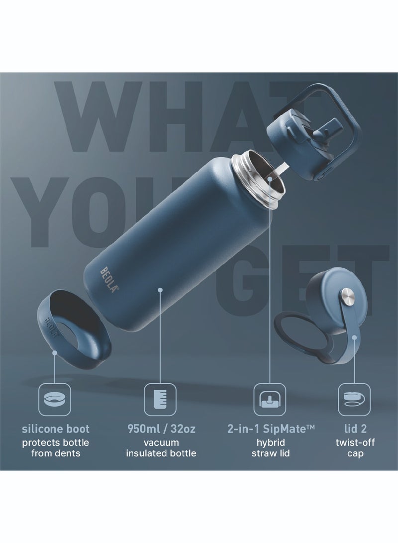 BEOLA 950ml Water Bottle 18/8 Stainless Steel 304 Double Wall Insulated Thermos Bottle with Straw Lid and wide mouth, 2 lids included, Hot Cold Liquids Sports Bottle, 32oz (Marine Blue) - Image 2