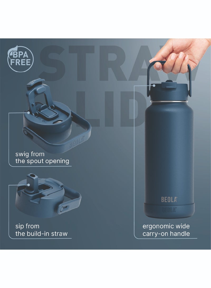 BEOLA 950ml Water Bottle 18/8 Stainless Steel 304 Double Wall Insulated Thermos Bottle with Straw Lid and wide mouth, 2 lids included, Hot Cold Liquids Sports Bottle, 32oz (Marine Blue) - Image 3