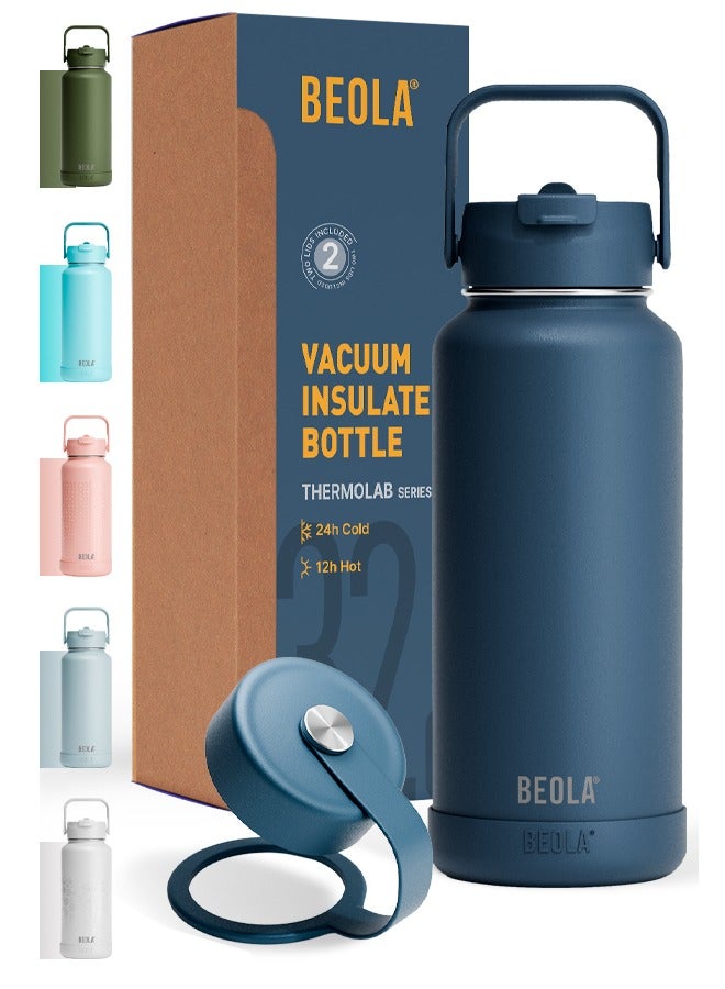 BEOLA 950ml Water Bottle 18/8 Stainless Steel 304 Double Wall Insulated Thermos Bottle with Straw Lid and wide mouth, 2 lids included, Hot Cold Liquids Sports Bottle, 32oz (Marine Blue) - Image 1