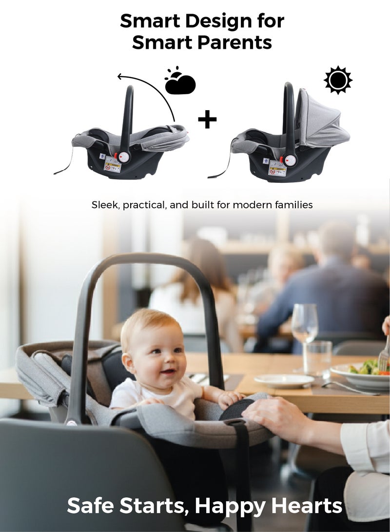 Zenito Baby Car Seat Carrier Infant/Baby/Kids Travel Car Seat With Full Body Support Cushion Rear Facing Seat Carry Cot Adjustable Canopy Suitable For New Born Baby 0+ Months (0-13 Kg) - Grey - Image 4