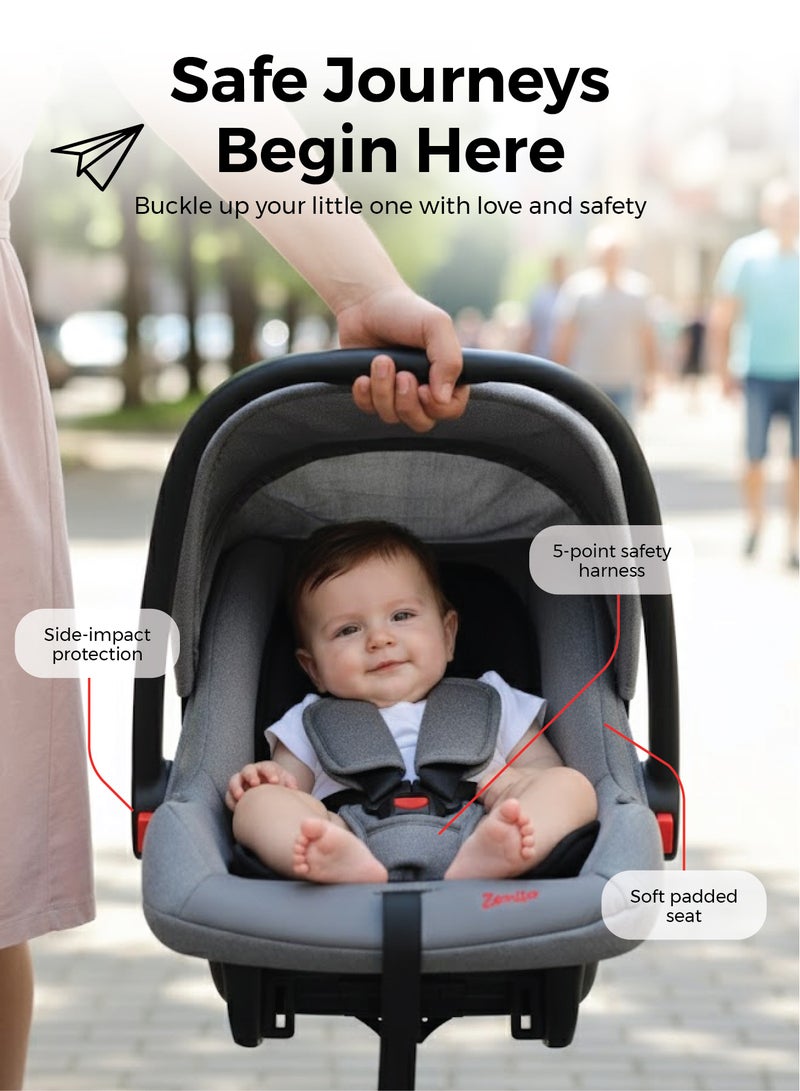 Zenito Baby Car Seat Carrier Infant/Baby/Kids Travel Car Seat With Full Body Support Cushion Rear Facing Seat Carry Cot Adjustable Canopy Suitable For New Born Baby 0+ Months (0-13 Kg) - Grey - Image 2