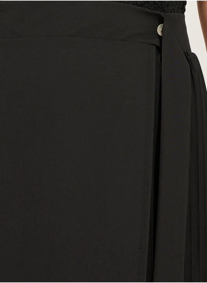 Styli High Rise Wrap A-Line Pleated Midi Skirt