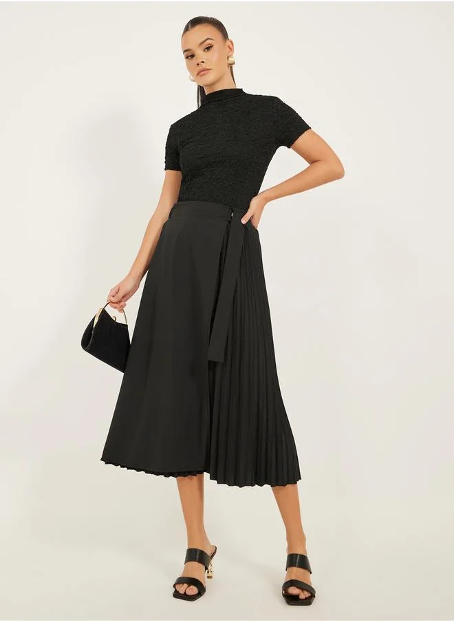 Styli High Rise Wrap A-Line Pleated Midi Skirt