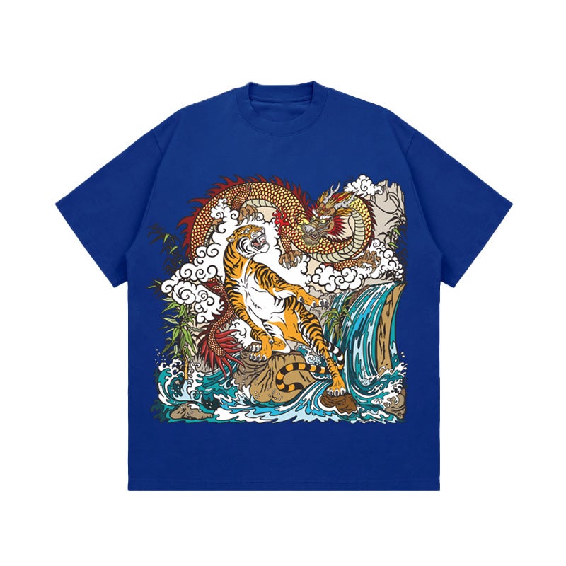 Guofeng Dragon And Tiger Figure Printed 2024 Heavy Short Sleeve Small Collar Round Neck Guofeng Hong Kong Style Tide Brand T-Shirt - Image 1