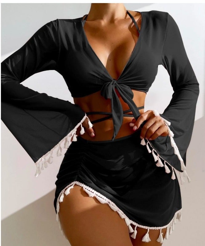 4-Piece Women's Bikini Swimsuit Chiffon Tassel Sun Protection Shirt Split Short Skirt Fine Strap Buckle Design Bra Bikini - Image 1
