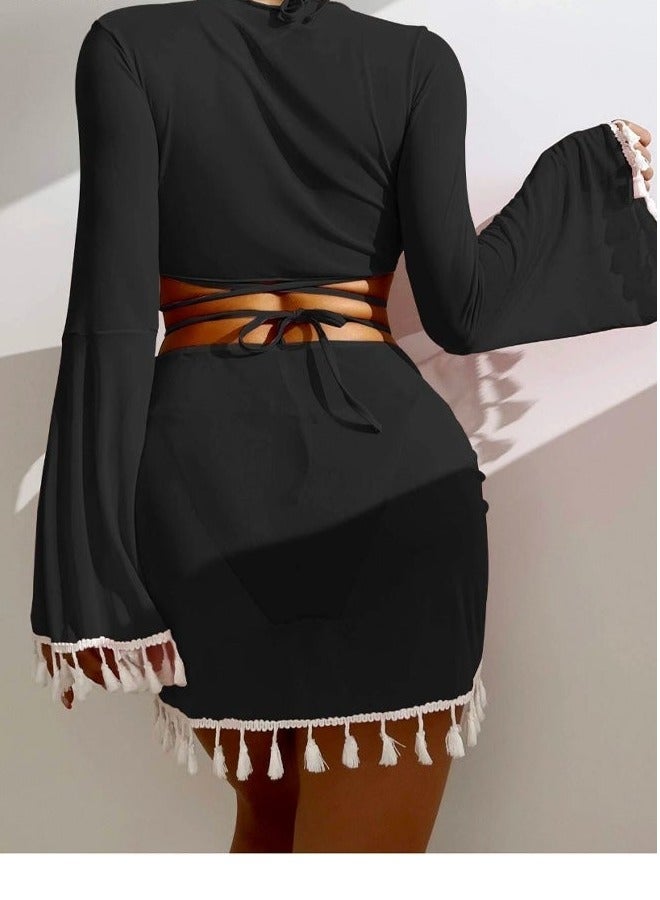 4-Piece Women's Bikini Swimsuit Chiffon Tassel Sun Protection Shirt Split Short Skirt Fine Strap Buckle Design Bra Bikini - Image 2