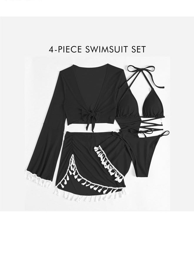 4-Piece Women's Bikini Swimsuit Chiffon Tassel Sun Protection Shirt Split Short Skirt Fine Strap Buckle Design Bra Bikini - Image 3