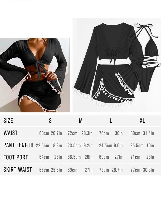 4-Piece Women's Bikini Swimsuit Chiffon Tassel Sun Protection Shirt Split Short Skirt Fine Strap Buckle Design Bra Bikini - Image 5