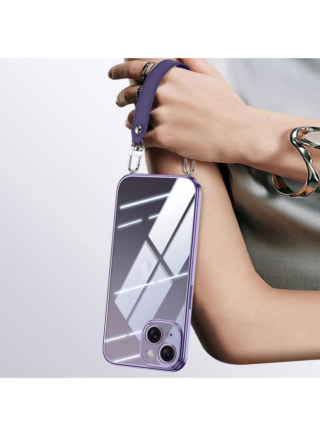 The Bros Case For iPhone 14 Electroplated Clear TPU Soft Frame Phone Case with Wrist Strap