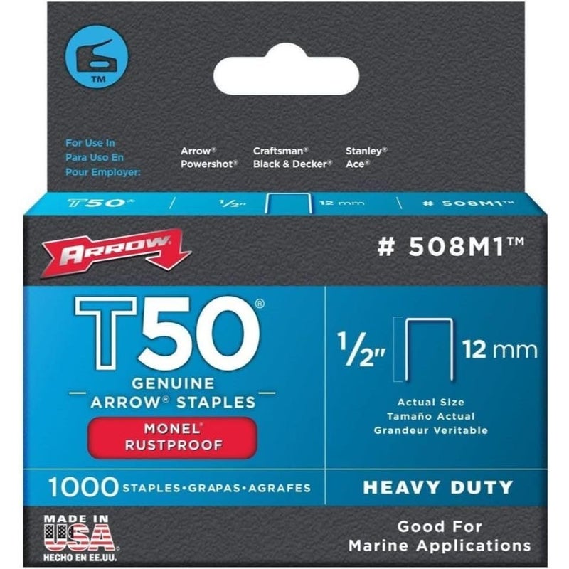 Arrow Fastener Arrow 508M1 Heavy Duty T50 Monel Staples for Marine Applications, 1/2-Inch Leg Length, 3/8-Inch Crown Size, 1000-Pack, Made in the USA - Image 2