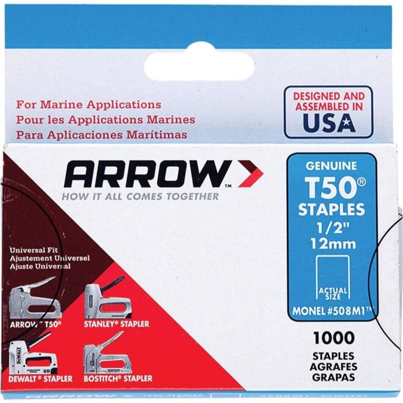 Arrow Fastener Arrow 508M1 Heavy Duty T50 Monel Staples for Marine Applications, 1/2-Inch Leg Length, 3/8-Inch Crown Size, 1000-Pack, Made in the USA - Image 1