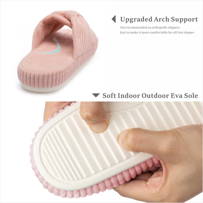 Chantomoo Slippers for Women Memory Foam House Bedroom Corduroy Bow Crossbands Slipper Shoes Comfy Trendy Gift Slippers Pink 5 6 - Image 4