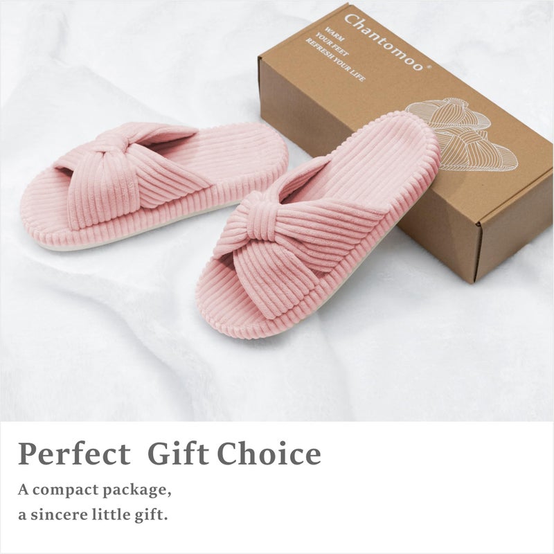 Chantomoo Slippers for Women Memory Foam House Bedroom Corduroy Bow Crossbands Slipper Shoes Comfy Trendy Gift Slippers Pink 5 6 - Image 5