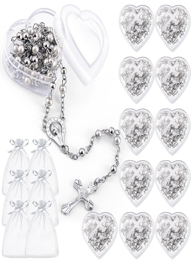ROCEEI 24 Pcs Catholic Rosary Necklace 4 mm Glass Beads Rosary Favors Crucifix Prayer Rosaries with Faux Pearl with Heart Shaped Box and Organza Bag for First Communion Baptism (White) - Image 1