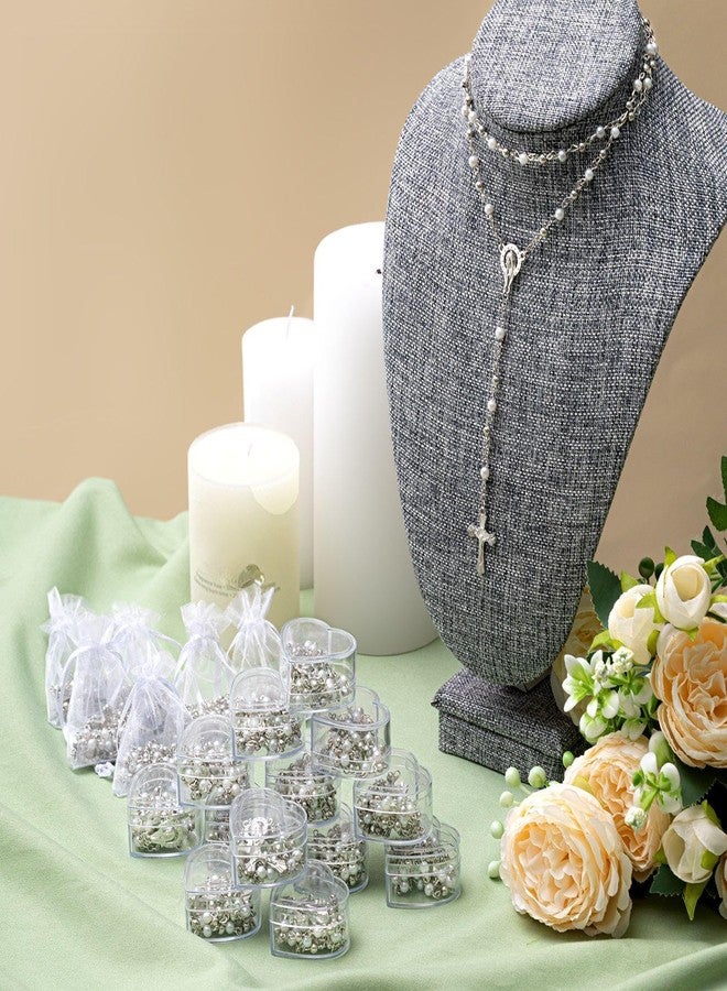 ROCEEI 24 Pcs Catholic Rosary Necklace 4 mm Glass Beads Rosary Favors Crucifix Prayer Rosaries with Faux Pearl with Heart Shaped Box and Organza Bag for First Communion Baptism (White) - Image 5