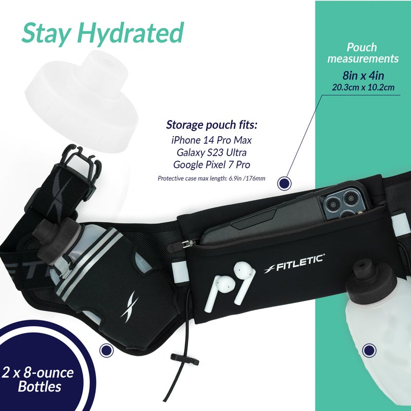 Fitletic Hydration Running Belt With Water Bottles For Men & Women – 2 Quick Flow 8oz Running Water Bottles, Patented Bounce Free Design, Water Resistant Pouch Fits All Phones – Hydra 16 - Image 2
