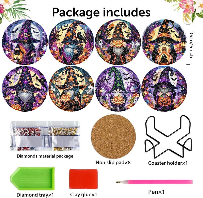 Meothan 8 Pcs Halloween Diamond Art Coasters Kits for Aldults with Holder Cork Pads, DIY Gnomes Diamond Dots Painting Coasters Crafts Kits for Home and Office Decor Gifts 4x4in - Image 3
