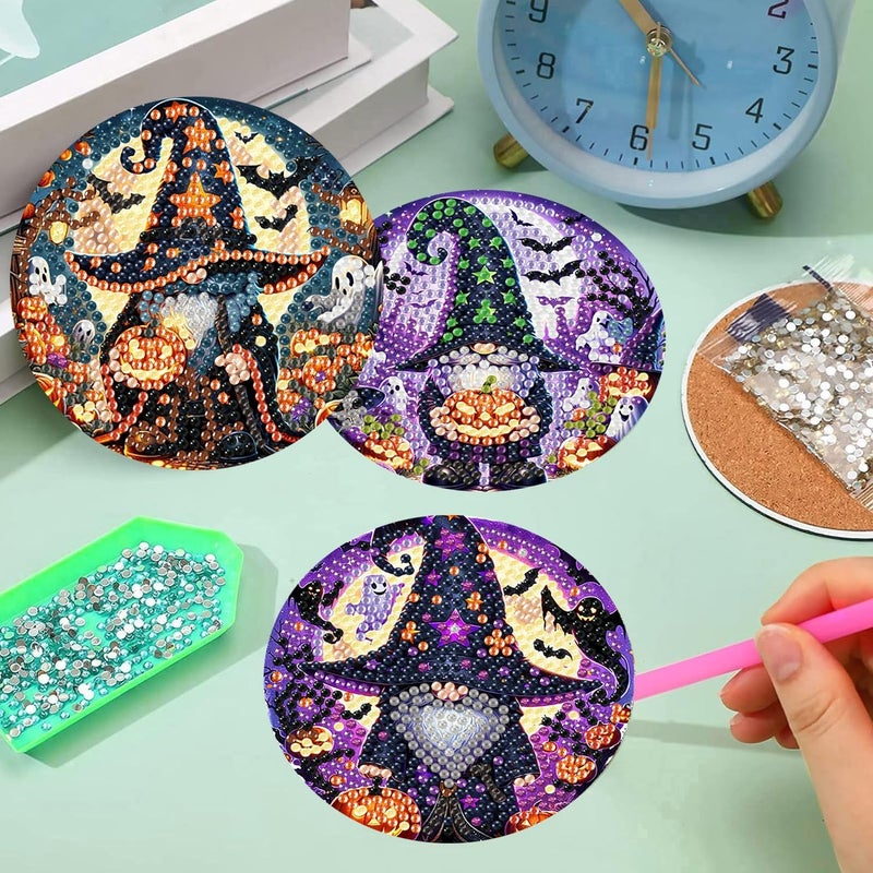 Meothan 8 Pcs Halloween Diamond Art Coasters Kits for Aldults with Holder Cork Pads, DIY Gnomes Diamond Dots Painting Coasters Crafts Kits for Home and Office Decor Gifts 4x4in - Image 5