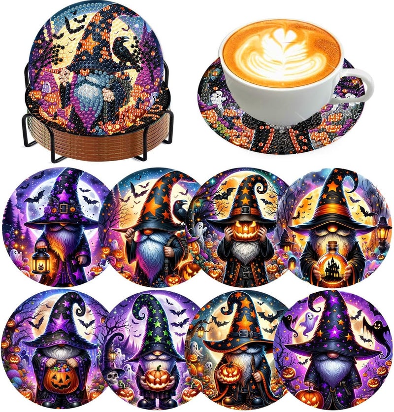 Meothan 8 Pcs Halloween Diamond Art Coasters Kits for Aldults with Holder Cork Pads, DIY Gnomes Diamond Dots Painting Coasters Crafts Kits for Home and Office Decor Gifts 4x4in - Image 1