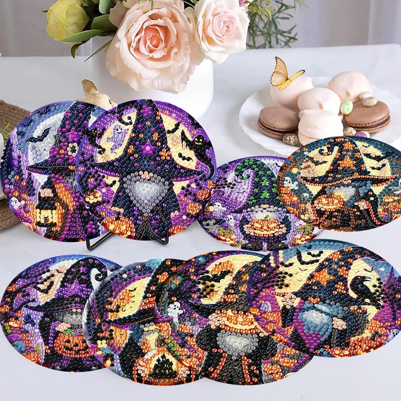 Meothan 8 Pcs Halloween Diamond Art Coasters Kits for Aldults with Holder Cork Pads, DIY Gnomes Diamond Dots Painting Coasters Crafts Kits for Home and Office Decor Gifts 4x4in - Image 2