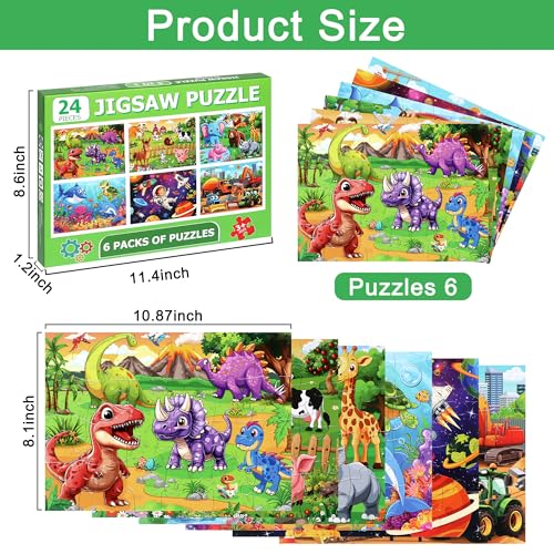 MZZOTOY 6 Packs Puzzles for Kids Ages 46 24 PCS Animals Dinosaurs Farms Vehicle Ocean Space Jigsaw Puzzles for Kids Ages 3548Preschool Educational Puzzles Toys Gifts for 3 4 5 6 Boys Girls - Image 5