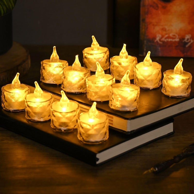 Ein Sof 12 Pcs Flameless and Smokeless Decorative Crystal Candles Transparent Acrylic Led Tea Light Candle for Decoration (12 Pieces, Yellow, 5 cm) - Image 1
