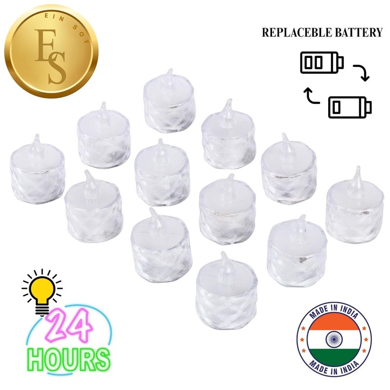 Ein Sof 12 Pcs Flameless and Smokeless Decorative Crystal Candles Transparent Acrylic Led Tea Light Candle for Decoration (12 Pieces, Yellow, 5 cm) - Image 2