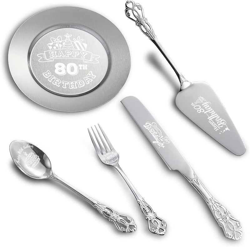 V-Walk Happy 80th Birthday Personalized Laser Engraved Stainless Steel Cake Tableware Set:Cake Server,Plate,Knife,Spoon, Fork - Memorable 80 Year Old Gift Keepsake - Image 1